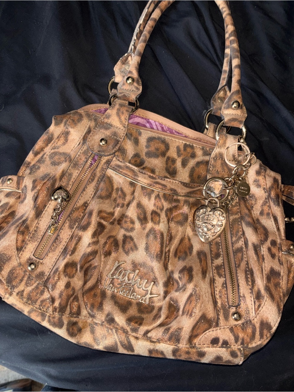 Kathy Van Zeeland Leopard-Print Shoulder Bag in Brown with Gold Accents